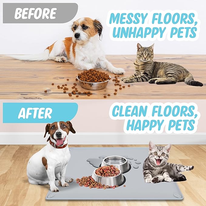 TidyFriend Pet Food Mat 30 x 23 Inches, Pet Tray for Food and Water, Dog Food Mats, Silicone Cat Food Mat, Non Slip Pet Food Mat, Dog Bowl Mat Waterproof, Pet Supplies (Soft Grey)