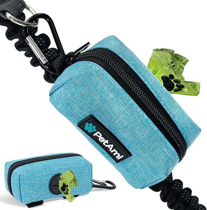 PetAmi Dog Poop Bag Holder & Waste Bag Dispenser with Clip-On Pouch Includes 1 Roll of Pet Waste Bags Portable Dog Walking Accessories for Leash, Belt or Backpack, Blue
