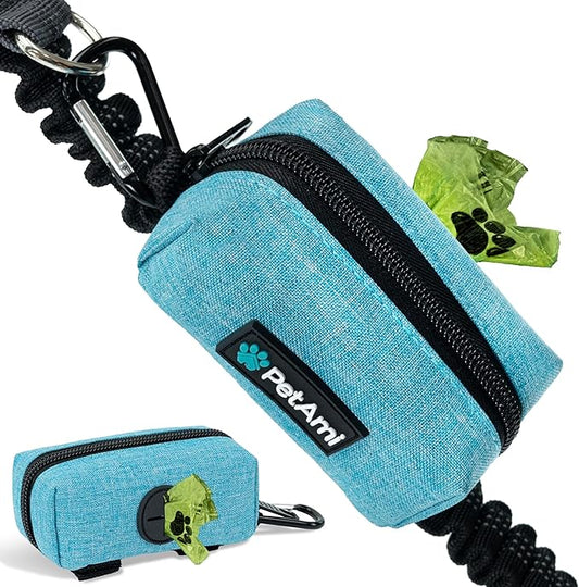 PetAmi Dog Poop Bag Holder & Waste Bag Dispenser with Clip-On Pouch Includes 1 Roll of Pet Waste Bags Portable Dog Walking Accessories for Leash, Belt or Backpack, Blue