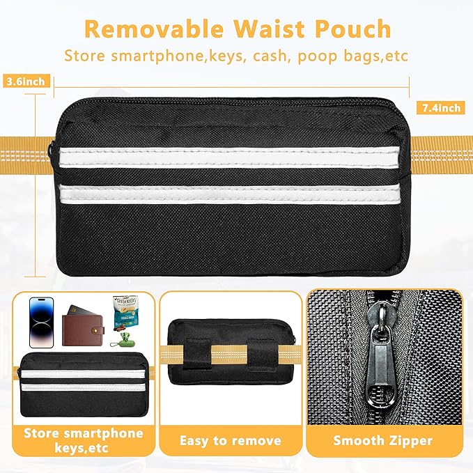 Hands Free Dog Leash with Zipper Pouch, Running Waist Leash for Dog Walking, Adjustable Waist Belt for Large Dogs, Reflective Bungee Design with Two Handle for Hiking, Training, Yellow