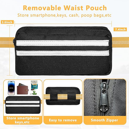 Hands Free Dog Leash with Zipper Pouch, Running Waist Leash for Dog Walking, Adjustable Waist Belt for Large Dogs, Reflective Bungee Design with Two Handle for Hiking, Training, Yellow