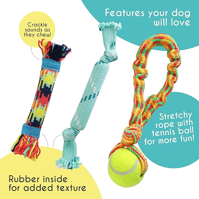 rocket & rex Dog Toy Set for Small to Medium Breeds, Includes Rope Toys with Rubber and Crackle Inside for Extra Chewing Fun and a Stretchy Tug of War Toy (Pack of 3)