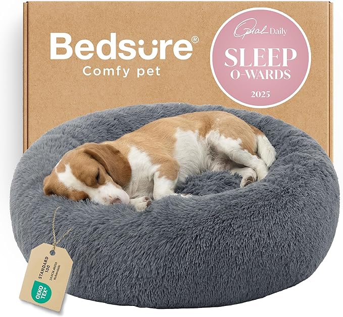 Bedsure Calming Dog Bed for Medium Large Dogs - Donut Washable Large Pet Bed, 33 inches Anti-Slip Round Fluffy Plush Faux Fur Dog Bed, Dark Grey