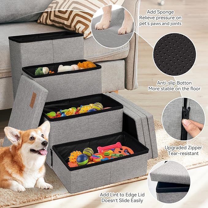 Dog Stairs with Storage 23" H, 4-Step Wider Dog Steps for High Beds Window, Folding Sturdy Pet Stairs Gift for Injured Old Dogs Cats, Ramp for Climbing Car Up to 200 lbs,(Gray, No Condo)