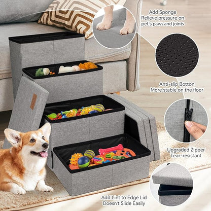 Dog Stairs with Storage 23" H, 4-Step Wider Dog Steps for High Beds Window, Folding Sturdy Pet Stairs Gift for Injured Old Dogs Cats, Ramp for Climbing Car Up to 200 lbs,(Gray, No Condo)