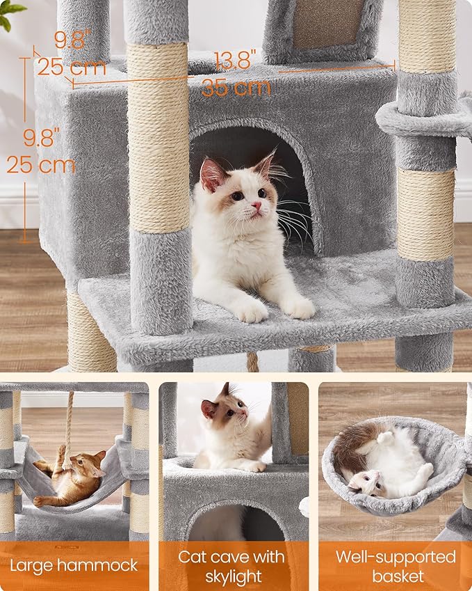 Feandrea Cat Tree, 66.1-Inch Large Cat Tower, Multi-Level Plush Condo with 13 Scratching Posts, 2 Perches, 2 Caves, Basket, Hammock, Pompoms, Light Gray UPCT165W01