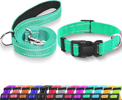 Reflective Dog Collar with Safety Locking Buckle, Adjustable Soft Breathable Nylon Collars for Small, Medium and Large Dogs(Collar+Leash L Turquoise)