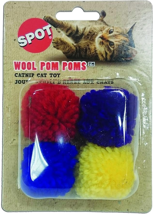SPOT Wool Pom Poms Cat Toy - Interactive Wool Balls Cat Toy with Catnip for Cats and Kittens to Bite, Swat and Chase - 1.5 inch, 4 pcs