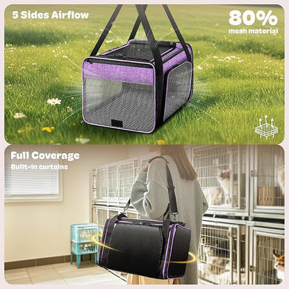 Top and 2 Sides Expandable Pet Carrier 17x11x9.5, TSA Airline Approved Small Dog Carriers for Small Dogs, Soft-Sided Cat Carrier with Self-Locking Zippers for Kitten,Rabbit, Puppy, Guinea Pig Purple