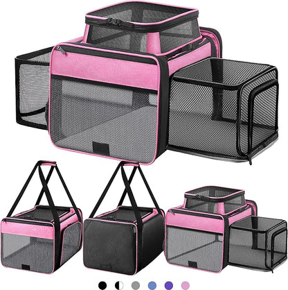 Top and 2 Sides Expandable Cat Carrier 18x11x11, TSA Airline Approved Dog Carriers for Small Dogs, Soft-Sided Pet Carrier with Self-Locking Zippers for Kitten,Rabbit, Puppy, Guinea Pig Pink