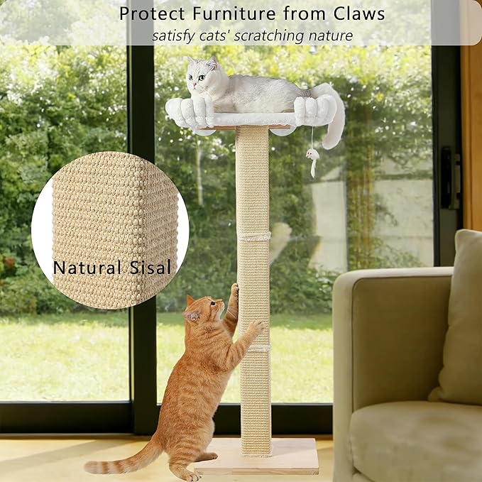 Cat Scratching Post with Large Window Perch - SnugCloud Ultra Soft Bed with Bolster,Adjustable 47" Tall Sisal Scratcher Tree for Maine Coon Big Cat Climbing, Naping and Overlooking