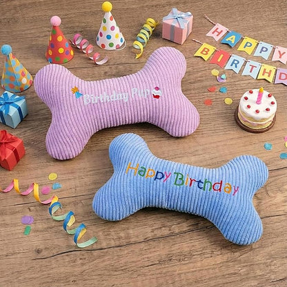 2026 Birthday Squeaky Dog Toys, Embroidered Bone Shape Purple Corduroy Pet Pillow 8"x5", Soft Cotton Filled Cute Fun Dog Chew Puzzle Toy Birthday Gifts for Small Medium Dogs(Birthday Pup)