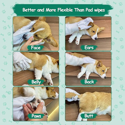 10 PCS Pet Cleaning and Deodorizing Bathing Grooming Glove Wipes for Dogs and Cats, Extra Thick Nourish Fur No-Rinse Grooming Wipes for Daily Care and Travel, Hypoallergenic
