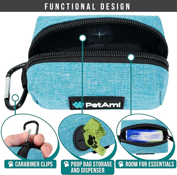 PetAmi Dog Poop Bag Holder & Waste Bag Dispenser with Clip-On Pouch Includes 1 Roll of Pet Waste Bags Portable Dog Walking Accessories for Leash, Belt or Backpack, Blue
