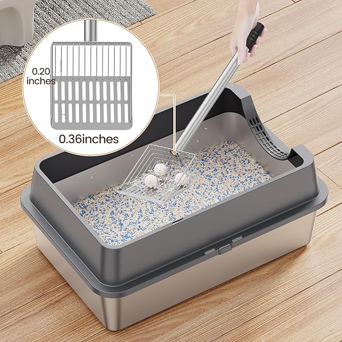 Heavy Duty Metal Cat Litter Scoop with Holder - Speed Sifter Litter Box Scooper Captures All Clumps - Kitty Litter Sifting Shovel Comfy Handle - Easy Clean with Hook（Long）