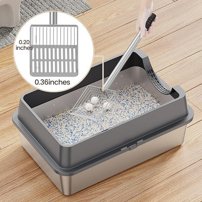 Heavy Duty Metal Cat Litter Scoop with Holder - Speed Sifter Litter Box Scooper Captures All Clumps - Kitty Litter Sifting Shovel Comfy Handle - Easy Clean with Hook（Long）