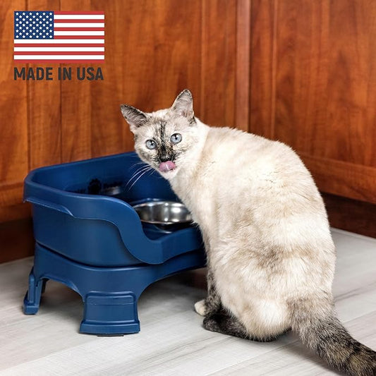 Neater Feeder Deluxe Mess-Proof Elevated Cat Bowls, 2 Height Adjustable (6” & 7.5”) No-Spill Raised Cat Bowl Stand, Whisker Friendly Stainless Steel Dishes for Indoor Cats, Made in USA, Dark Blue