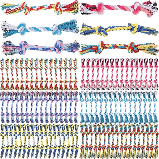 100 Pcs Knot Rope Dog Toys Multi Color Puppy Chew Toy Cotton Puppy Dental Teething Toys 2 Knot Dog Tug for Small and Medium Dogs Aggressive Chewers Supplies