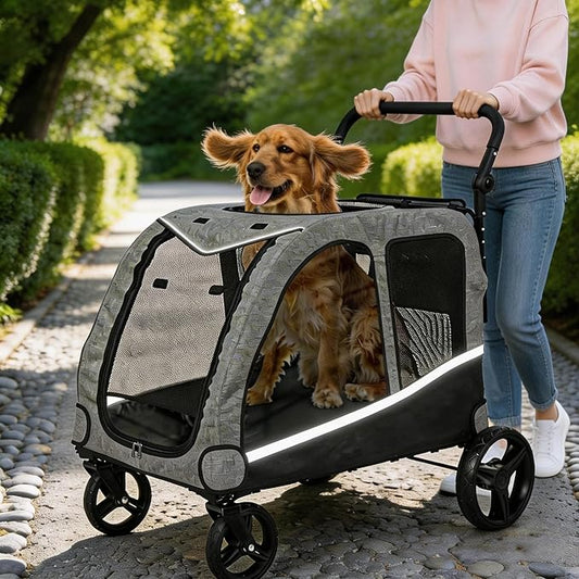Large Dog Stroller for Medium/Large Dogs up to 130 lbs, Foldable Pet Stroller with 4 Wheels, Adjustable Handle, Heavy Duty Dog Carriage for Senior, Disabled, Injured Pets, Grey