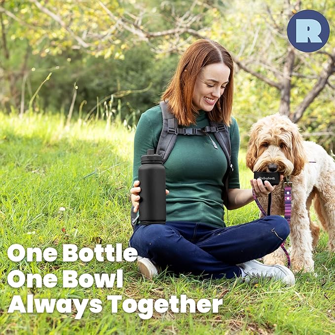 Dog Water Bottle for Dog Lovers - 32 oz Stainless Steel Double Wall Insulated Water Bottle with 8 oz Detachable Bowl on Bottom for Doggy Mom & Dad for Hiking, Walks, Travel - Black