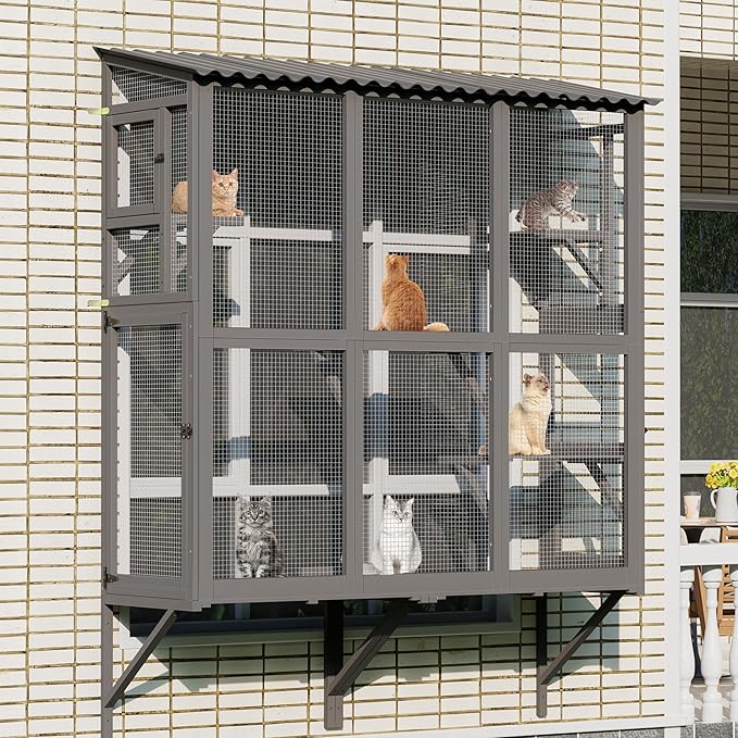 Large Catio Cat Window Box, Outdoor Cats Window Perch Enclosure for Indoor Cats with 4 Jump Platforms & 4 Doors, Kitten Cat Patio House Connected with Tunnels, All Weather Use (Gray)