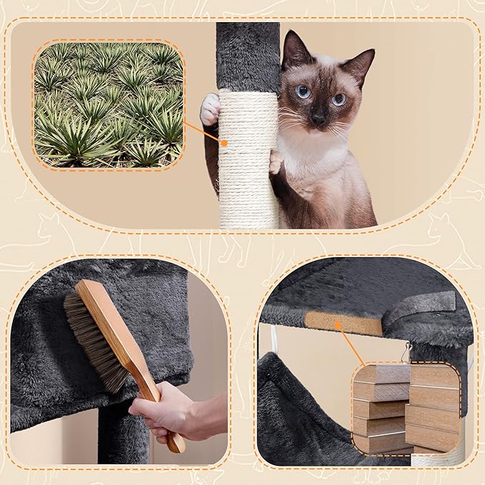 Yaheetech 64.5in Extra Large Cat Tree with 2 Perches, 2 Condos, 5 Scratching Posts, Funny Hammock & Basket & Dangling Balls, Multi-Level Cat Tower for Indoor Felines, Dark Gray