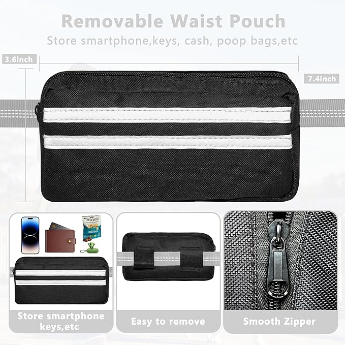 Hands Free Dog Leash with Zipper Pouch, Running Waist Leash for Dog Walking, Adjustable Waist Belt for Large Dogs, Reflective Bungee Design with Two Handle for Hiking, Training, Grey