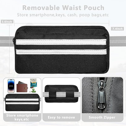 Hands Free Dog Leash with Zipper Pouch, Running Waist Leash for Dog Walking, Adjustable Waist Belt for Large Dogs, Reflective Bungee Design with Two Handle for Hiking, Training, Grey
