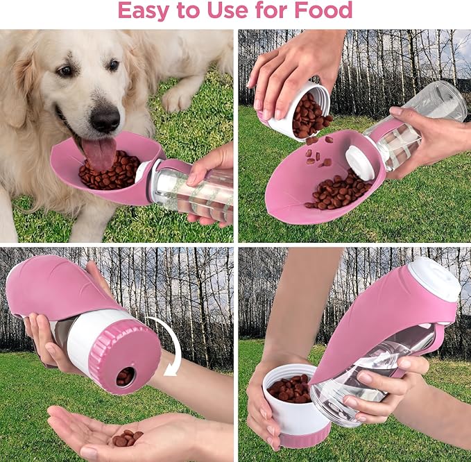 Uppetly Dog Water Bottle, Pet Water Bottle with Food Container and Drinking Feeder, Leak Proof, BPA-Free, Portable Foldable Puppy Water Cup Dispenser for Outdoor Walking, Travel, Hiking Large Pink