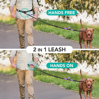 PetAmi Heavy Duty Hands Free Dog Leash, Adjustable Waist Belt for Large Dog Walking Up to 125 lbs, Bungee Leash for Pet Running, Hiking, Reflective Safety for Jogging, Biking, Purple Handle
