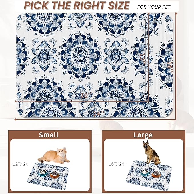 Mandala Flower Dog Food Mat for Floors,Blue Boho Floral Absorbent Quick-Dry Pet Feeding Mat,Cat Dog Bowl Mats for Food and Water,Non-Slip Pet Accessories Supplies 16"x24"