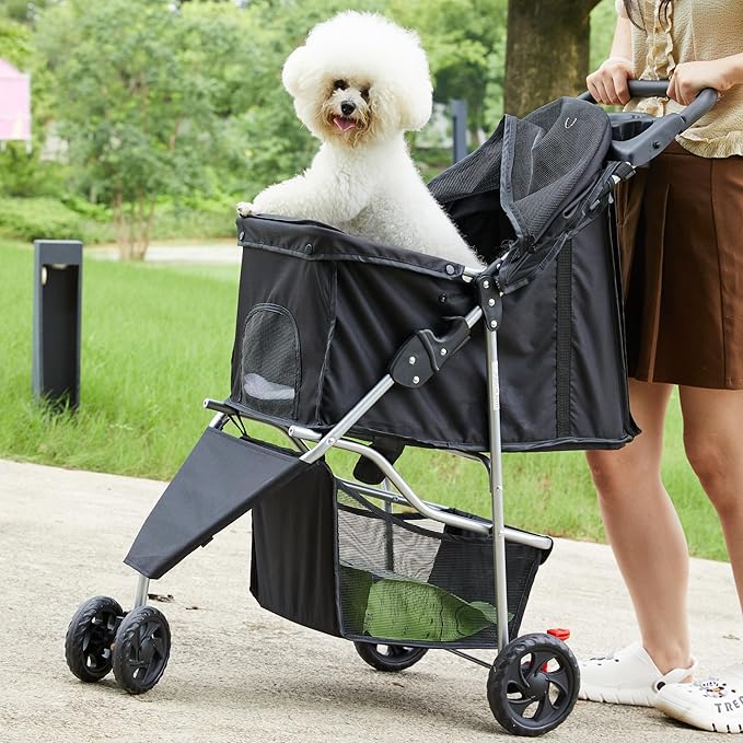 3 Wheel Pet Stroller for Dogs and Cats, Foldable, Lightweight and Durable, Ideal for Small to Medium Pets, Includes Storage Basket and Cup Holders