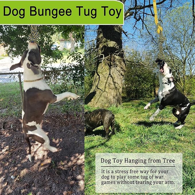 Dog Bungee Tug Toy Hanging from Tree,Outdoor Tug of War Interactive Tether Dog Rope with Chew Lure for Small Medium Large Dogs (Yellow)