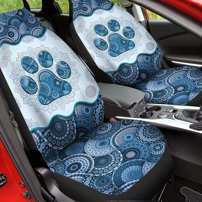 Blue Boho Mandala Dog Paw Printed Car Seat Cover only for Front, Waterproof Soft Universal Bucket Seats Cover Protector Fit Most Vehicles