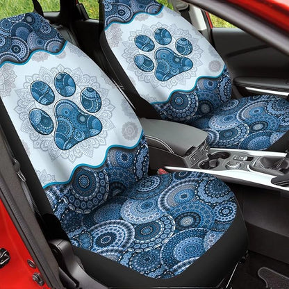 Blue Boho Mandala Dog Paw Printed Car Seat Cover only for Front, Waterproof Soft Universal Bucket Seats Cover Protector Fit Most Vehicles
