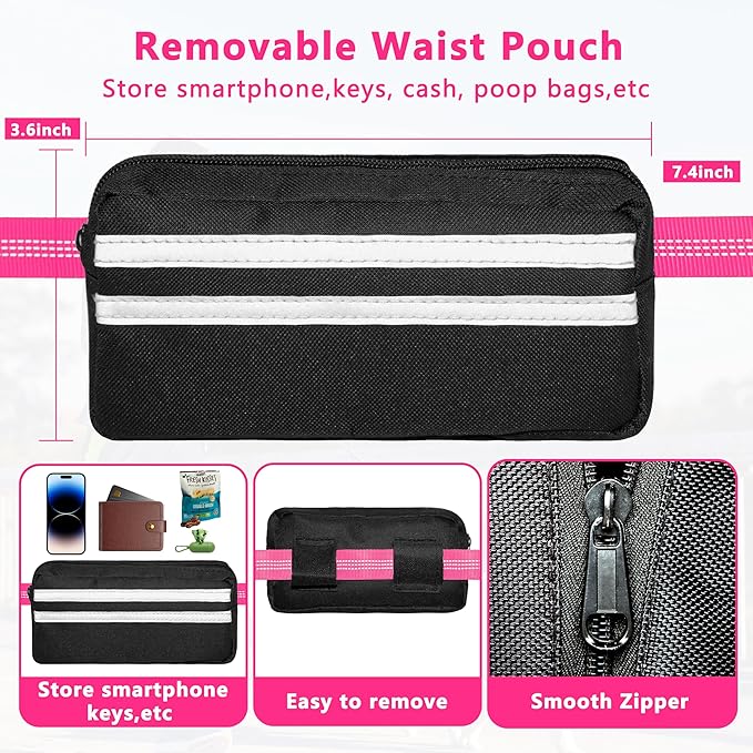 Hands Free Dog Leash with Zipper Pouch, Running Waist Leash for Dog Walking, Adjustable Waist Belt for Large Dogs, Reflective Bungee Design with Two Handle for Hiking, Training, Hot Pink