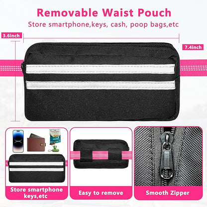 Hands Free Dog Leash with Zipper Pouch, Running Waist Leash for Dog Walking, Adjustable Waist Belt for Large Dogs, Reflective Bungee Design with Two Handle for Hiking, Training, Hot Pink
