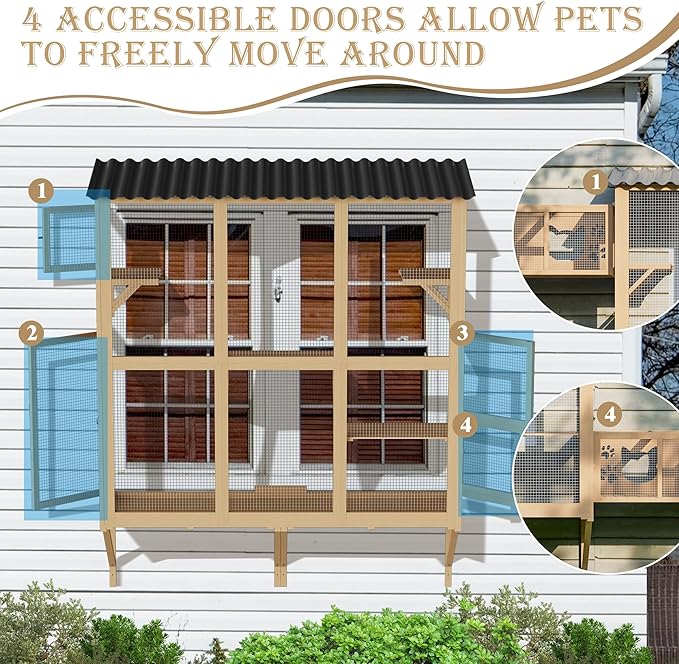 Large Catio Cat Window Box, Outdoor Cats Window Perch Enclosure for Indoor Cats with 4 Jump Platforms & 4 Doors, Kitten Cat Patio House Connected with Tunnels, All Weather Use (Natural)
