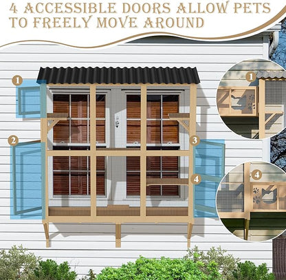 Large Catio Cat Window Box, Outdoor Cats Window Perch Enclosure for Indoor Cats with 4 Jump Platforms & 4 Doors, Kitten Cat Patio House Connected with Tunnels, All Weather Use (Natural)