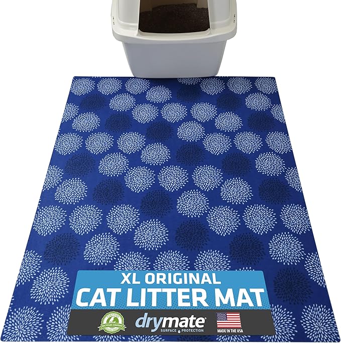Drymate Cat Litter Box Mat, Litter Trapping Mat, Waterproof, Urine-Proof, Absorbent, Machine Washable, Soft on Paws, Contains Mess, Protects Floors, Kitten Supplies, Dark Blue, 29x36 XL