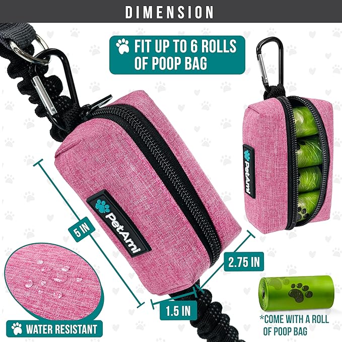 PetAmi Dog Poop Bag Holder & Waste Bag Dispenser with Clip-On Pouch Includes 1 Roll of Pet Waste Bags Portable Dog Walking Accessories for Leash, Belt or Backpack, Pink
