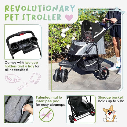 Petique Revolutionary Durable Pet Stroller, Easy Fold, Quality mesh Windows, Large Storage Basket, Secure Cup Holder Tray, Small/Medium Dogs, Cats and Pets, Supports up to 55LBS - Galaxy (Gray)