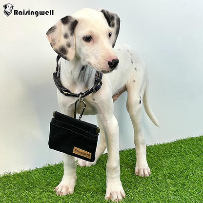 Raisingwell Dog Treat Pouch, Black Pocket Sized Pet Training Pouch, Cotton Fabric, Hand Free Dog Walking Bag with Carabiner, Self-Closing Pet Feed Snack Reward, for Pet Puppy Travel or Outdoor Use