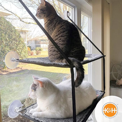 K&H Pet Products EZ Mount Double Stack Cat Window Perch for Large Cats, Sturdy Window Hammock Bed, Steel Frame, Sturdy Suction Cups, 2 Washable Shelf Covers, Foldable - Fits 27"W X 31"H Glass Spaces