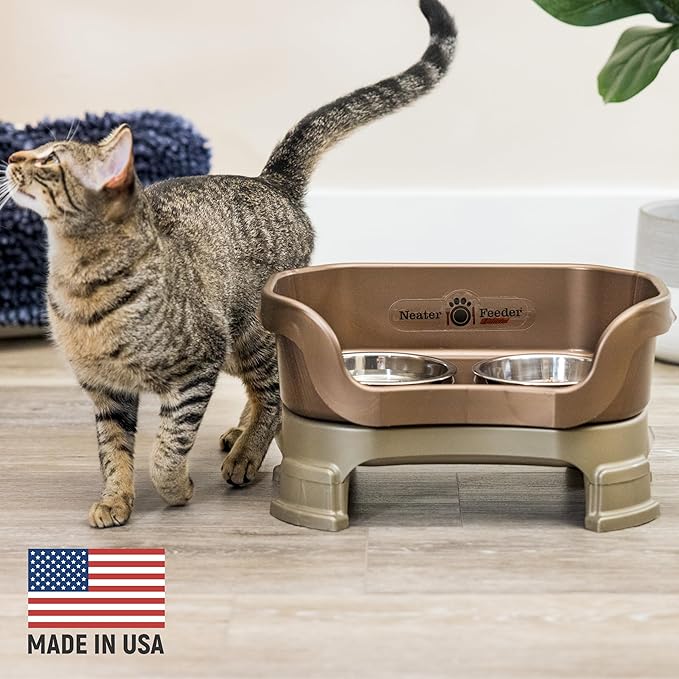 Neater Feeder Deluxe Mess-Proof Elevated Cat Bowls, 2 Height Adjustable (6” & 7.5”) No-Spill Raised Cat Bowl Stand, Whisker Friendly Stainless Steel Dishes for Indoor Cats, Made in USA, Bronze