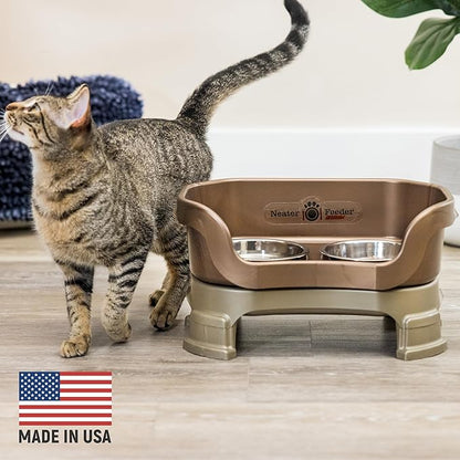 Neater Feeder Deluxe Mess-Proof Elevated Cat Bowls, 2 Height Adjustable (6” & 7.5”) No-Spill Raised Cat Bowl Stand, Whisker Friendly Stainless Steel Dishes for Indoor Cats, Made in USA, Bronze