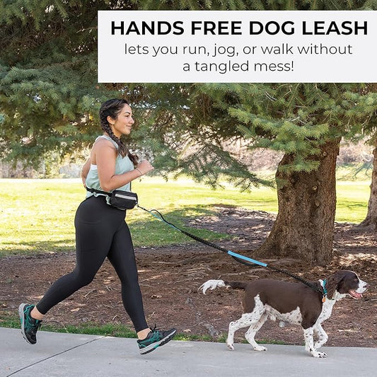 Squirrel Products Hands Free Dog Leash with Hip Belt/Crossbody Strap, Zipper Pouch, and Shock Absorbing Bungee for Walking or Jogging with pet (Black, Blue)