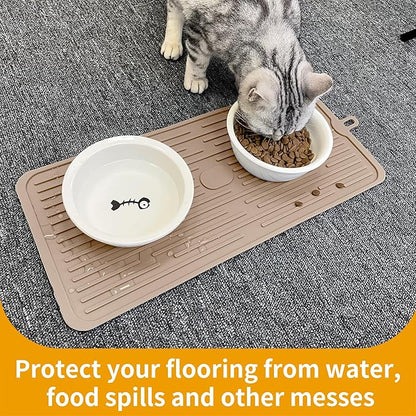 Ptlom Pet Placemat for Dog and Cat, Anti-Slip Waterproof Dogs Feeding Mat Prevent Food and Water Overflow, Bowl Mats Suitable for Medium and Small Pets, Taupe, Silicone