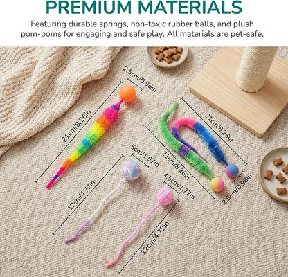 Feather-Free Cat Wand Toys - 4 Pack Safe Magic Wand with Wool Balls & Bells, Interactive Indoor Cat Toys, No Feathers Kitten Exercise Set