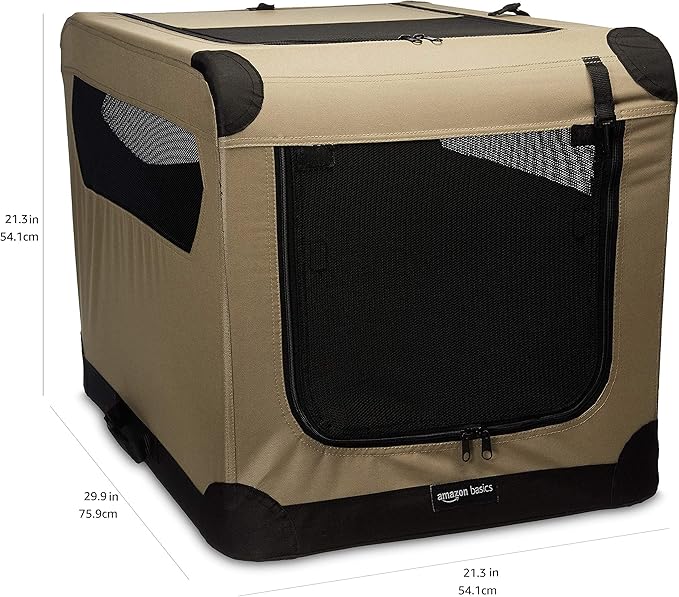 Amazon Basics Portable Folding Soft Dog Crate, Double Door, Collapsible Travel Kennel, Easy to Assemble, Medium, 29.92" x 21.3" x 21.3", Tan